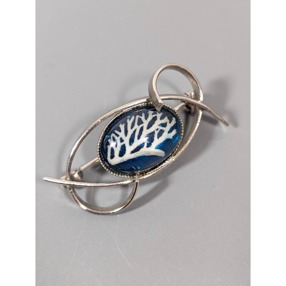 Vintage Silver Tone Blue Cabochon Coral Asymmetric Brooch Pin Coastal Beachy